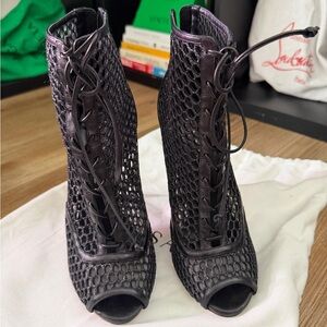 Elegant Black Mesh Lace-Up Heeled Boots